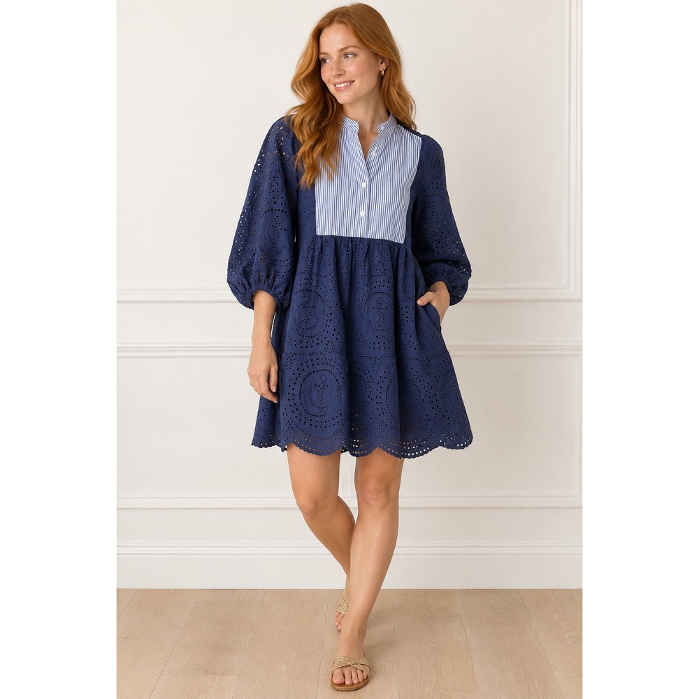 Tuckernuck Navy Eyelet Anchor Dress Striped Bib Puff Sleeve Mini M B2124